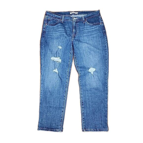 Levis Denim Jeans Women’s Size 32 Blue Straight Leg Boyfriend Distressed Cropped - Picture 1 of 10